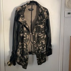 Camo jacket with black faux leather sleeves